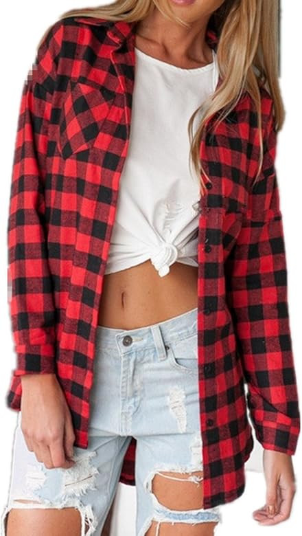 Sorrica Women's Casual Loose Long Sleeve Plaid Flannel Blouse Shirt | Amazon (US)