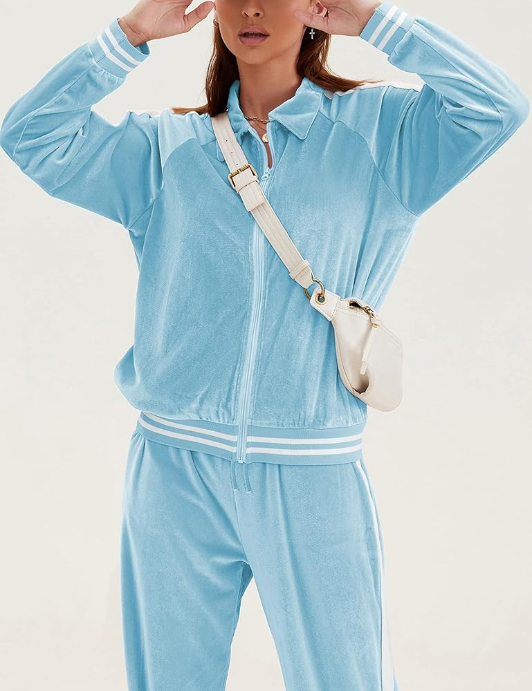 Ekouaer Women's Velvet Velor Tracksuits 2 Piece Lounge Outfits Zip Up Sweatshirt and Sweatpants with | Amazon (US)