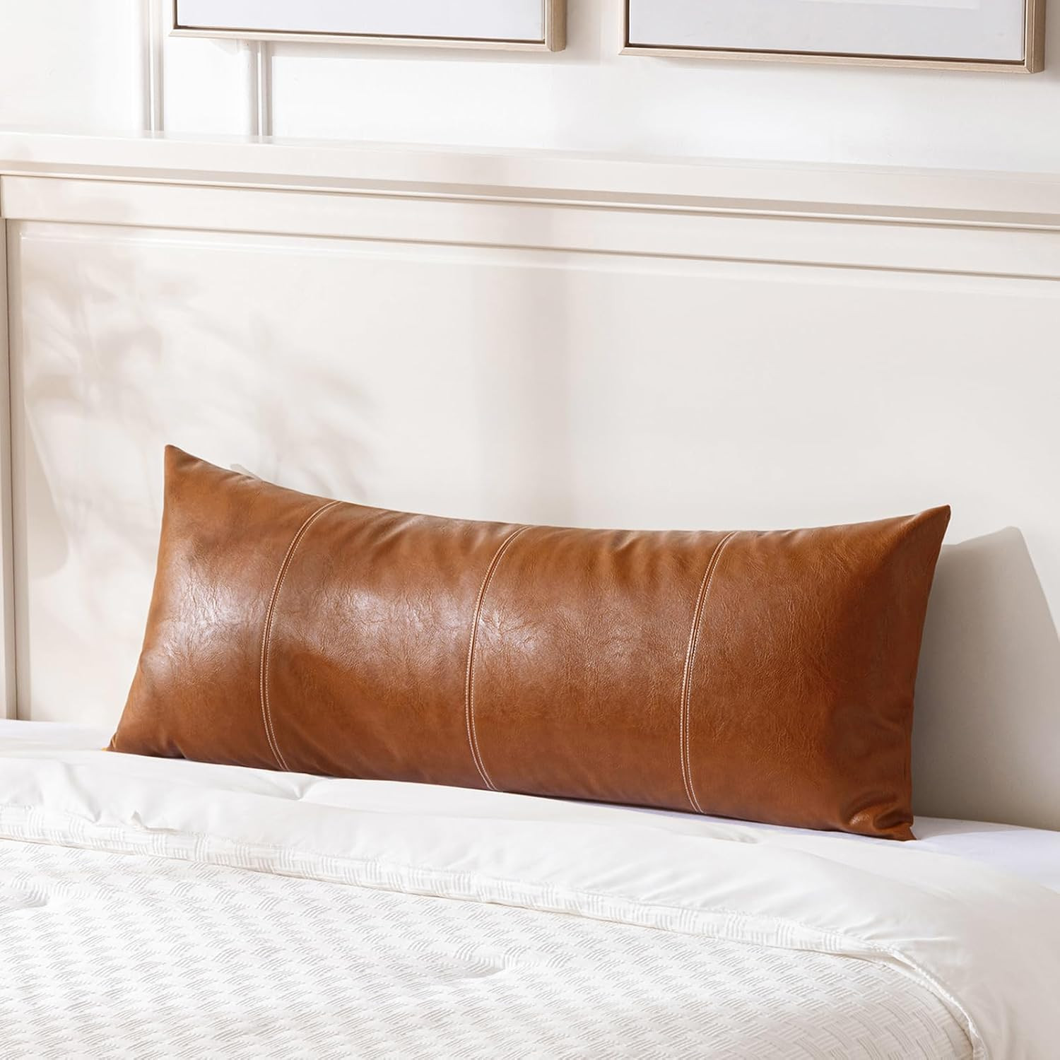 Fancy Homi Brown Boho Long Lumbar Faux Leather Body Decorative Throw Pillow Cover 14x36 Inch for Bedroom Couch Bed Sofa Bench, Hand Stitched Stylish Pillowcase, Rustic Modern Farmhouse Room Decor | Amazon (US)