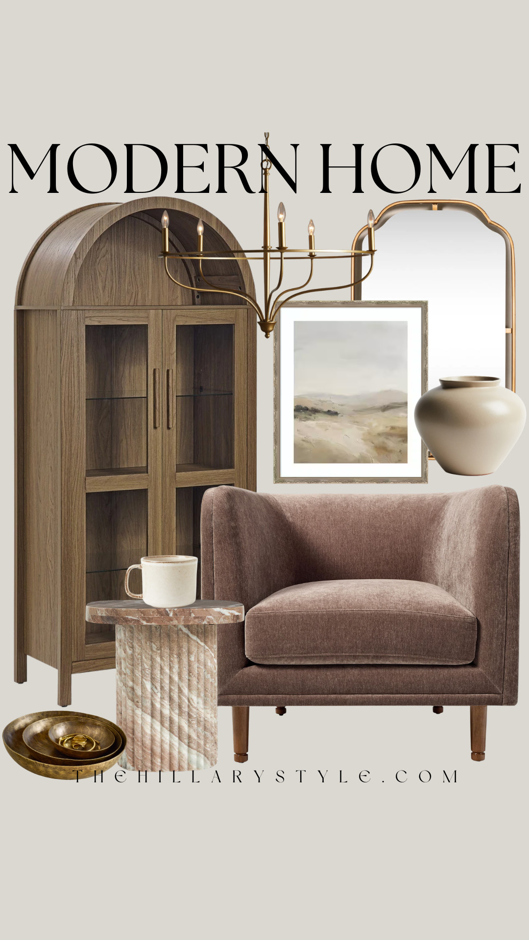 Modern Home: Warm Neutral Sitting Area
Create a cozy, elevated nook with this intentional blend of rich textures and warm tones. This sophisticated space marries modern organic comfort with subtle nods to Neo-Deco architecture, highlighting a stunning arched wood cabinet, a fluted marble side table, and a plush mauve-tinted accent chair. Grounded by aged brass details, a neutral landscape print, and a classic curved mirror, it’s the perfect inspiration for a mindful home reset or a cozy reading corner. West Elm, Anthropologie, Arhaus, H&M, Birch Lane. 

 #TheHillaryStyle #modernorganic #warmminimalism #quietluxury #readingnook #livingroomdecor #neutralhome #interiordesign #homerefresh #ltkhome #pinterestdecor 

#LTKSeasonal #LTKHome
