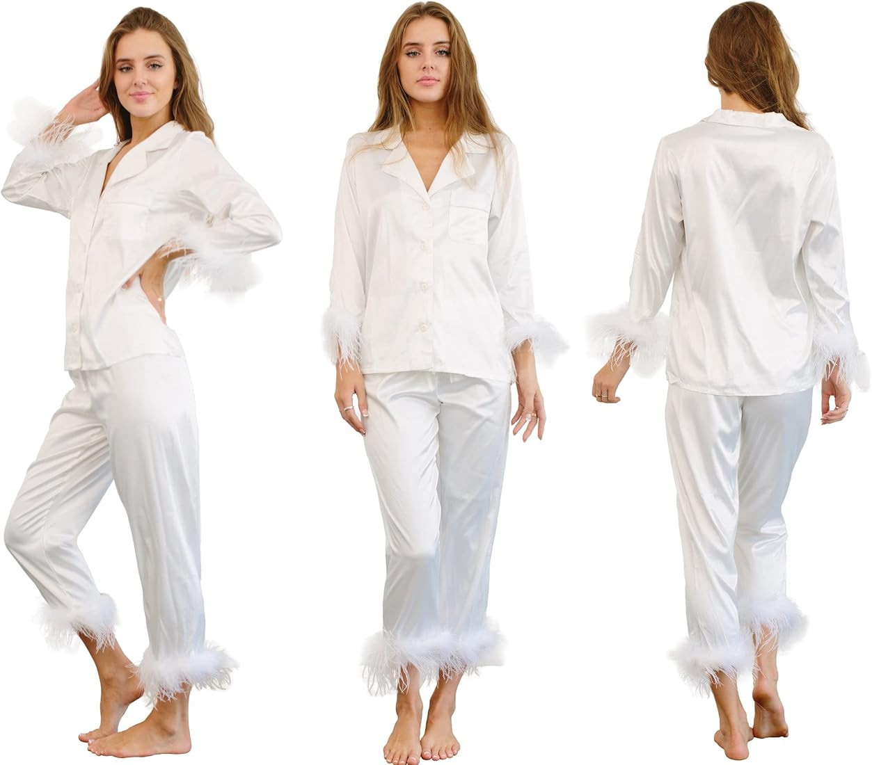 Queens Bridal Feather Trim Pajama Set for Women Satin Silk Long Sleeve Top With Pants Sleepwear B... | Amazon (US)