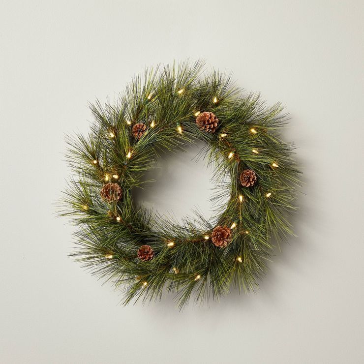 24" Pre-Lit Needle Pine Seasonal Faux Wreath with Pinecones Green/Brown - Hearth & Hand™ with M... | Target