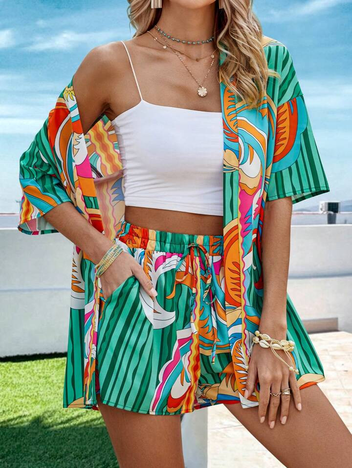 SHEIN VCAY Women's Striped Short Sleeve Open Front Jacket And Shorts Set | SHEIN