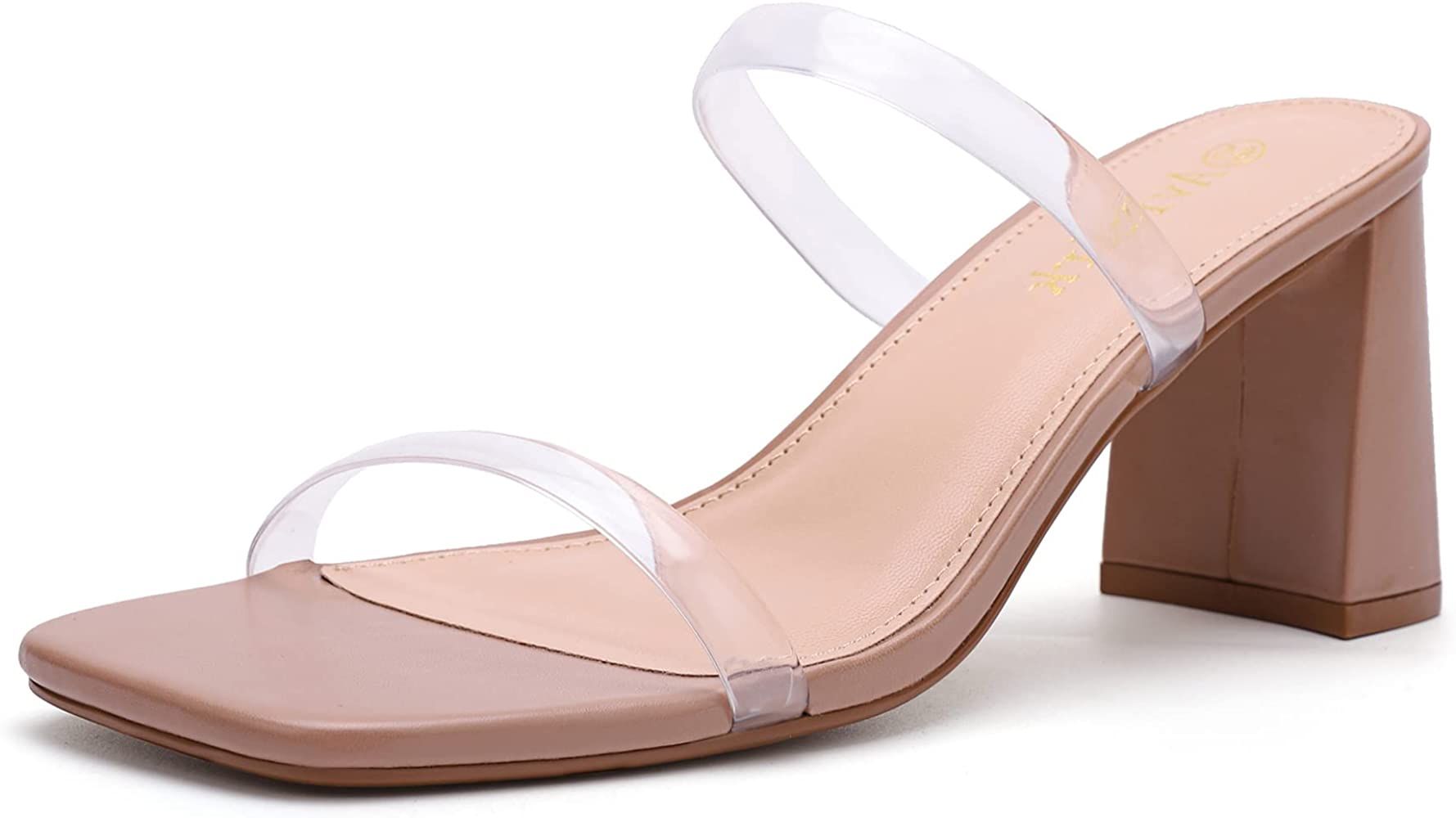AVIDIRK Women's Square Open Toe Heeled Sandals Two Strap Mules Slip On Block Chunky Mid Heels San... | Amazon (US)