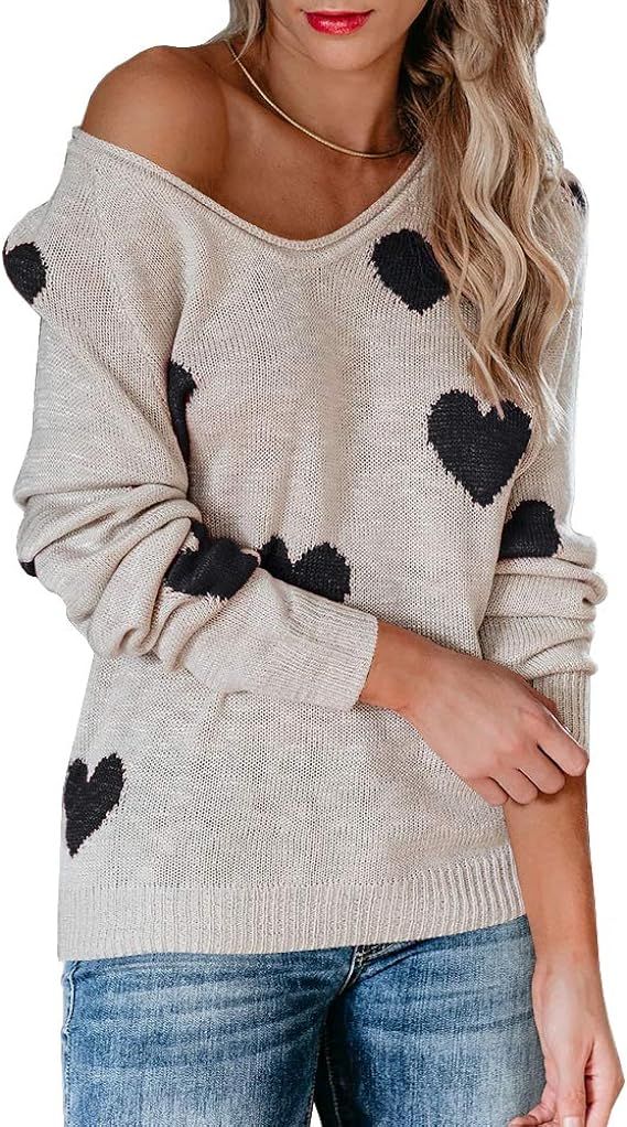 Sherrylily Womens Lightweight Pullover Off Shoulder Batwing Sleeve Heart Print Sweaters Knit Shir... | Amazon (US)