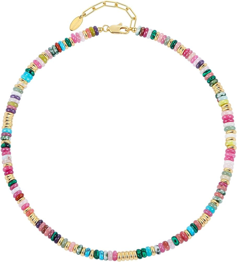 Beaded Necklace for Women 14K Gold Plated Natural Stone Necklace Bead Choker | Amazon (US)