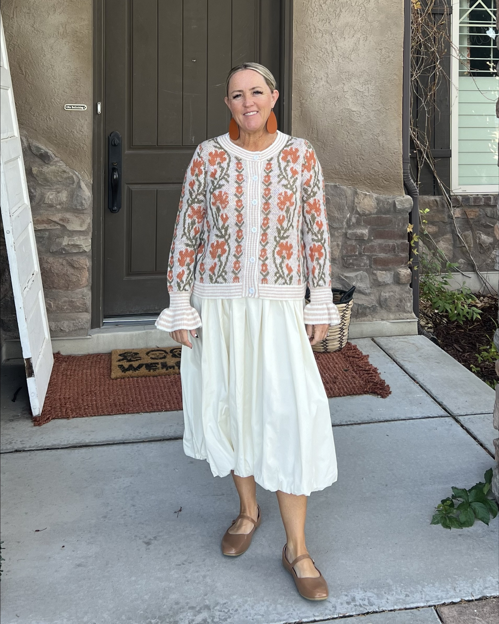 Sunday best! 🧡🍂🤎My entire look is from ROOLEE and I love it! I didn’t plan on doing the ballet flats trend {I need height haha}, but the price and comfort on this pair was too good to pass on! 
.
The sweater is a show stopper—that ruffle sleeve cuff and pretty fall floral…and the balloon skirt is so cute for dressing up or dressing down {thinking chunky shoes/boots or sneaks and a graphic tee 🤩}!
.
#sundaybest #ootd #momstyle #churchstyle #rufflecuff #fallsweater #balloonskirt #balletflats #trendystyle

#LTKShoeCrush #LTKOver40 #LTKSeasonal