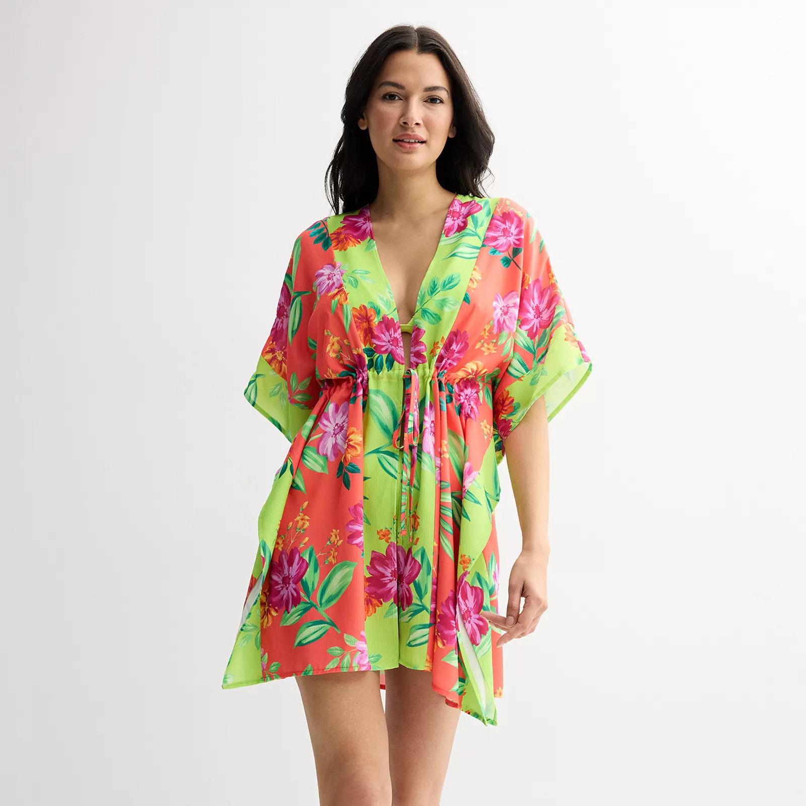 Women's Freshwater Tie Front Floral Print Swim Cover-Up Caftan Tunic | Kohl's