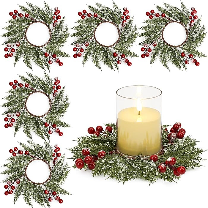 6 Pcs Christmas Candle Rings, 3.7 Inch Center Xmas Artificial Candle Rings Wreath Cedar Berries S... | Amazon (US)