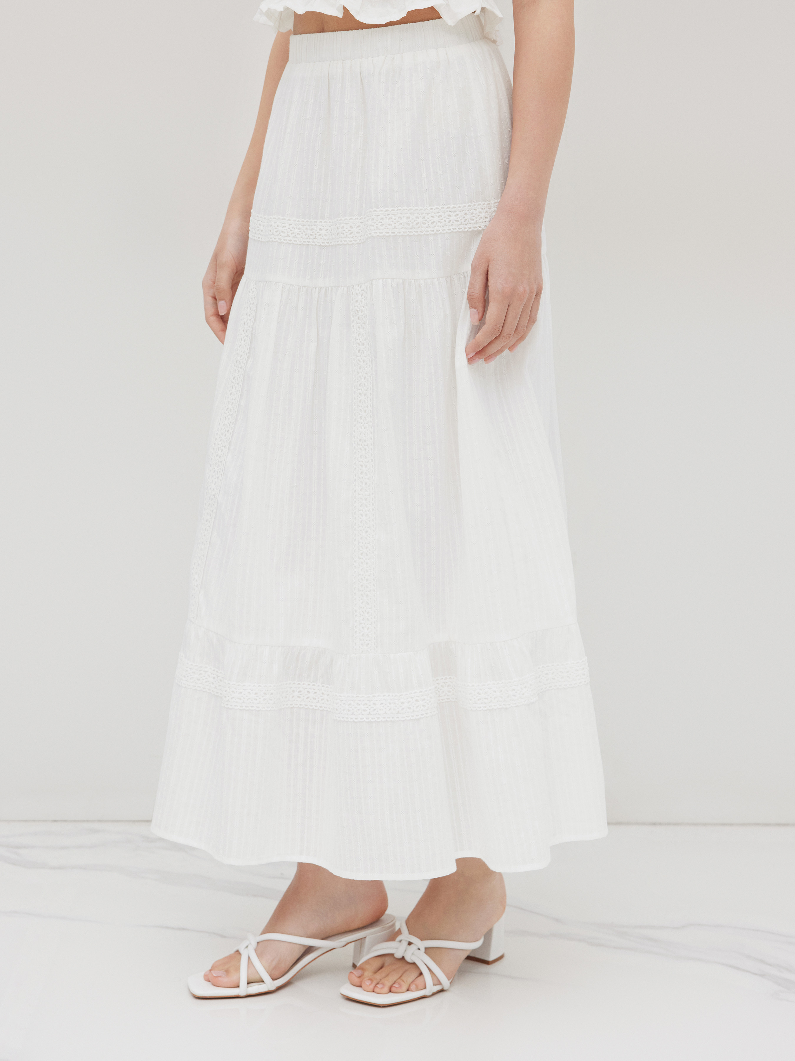 Woven Cotton Mid Rise Embroidery Ruffle Maxi Skirt For Vacation | Cider