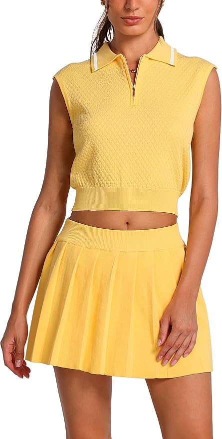 ABOCIW Womens Vintage Preppy Knit Skirt Set Half Zip Tank Top Pleated Skirts with Shorts 2 Piece ... | Amazon (US)