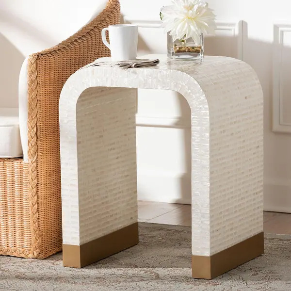 Carlyn Coastal Beige and White Mother of Pearl Capiz Shell End Table - Bed Bath & Beyond - 417048... | Bed Bath & Beyond