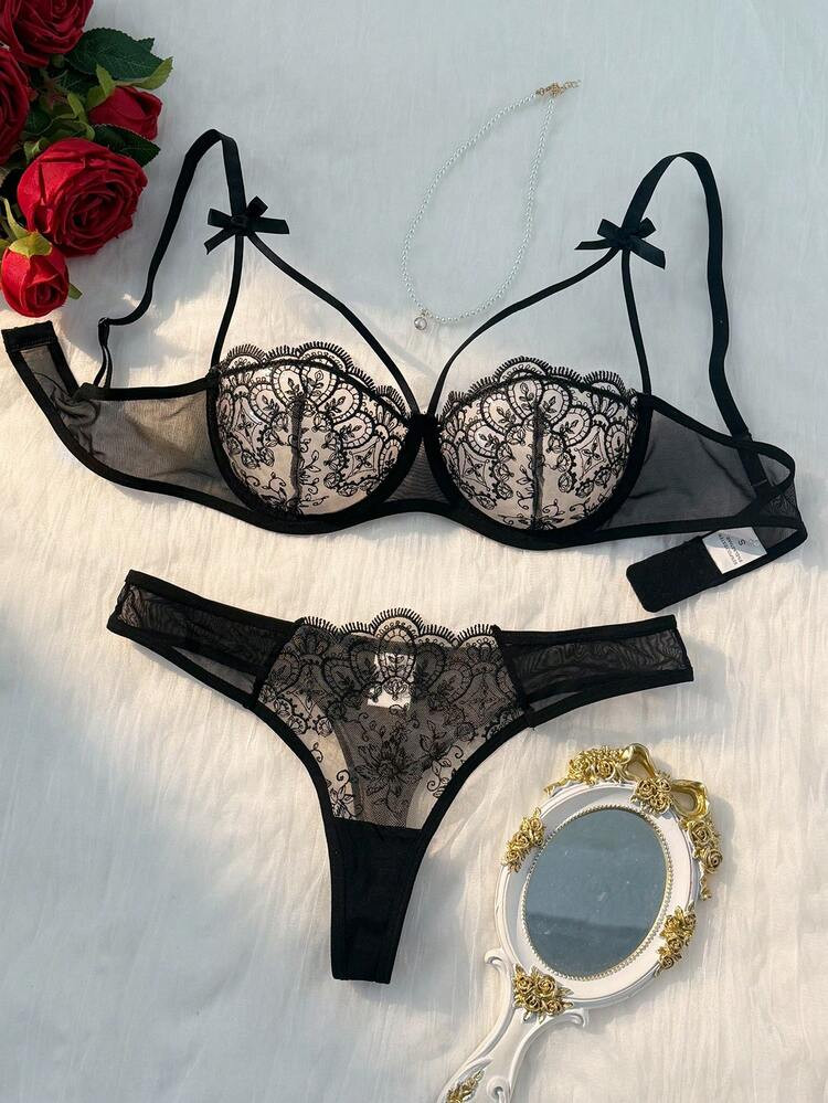 Conjunto De 2 Piezas De Sujetador Negro Clásico De Mujer Con Bordado De Lazo Y Semi Transparente Con Tirantes Ajustables Para Un Estilo Cómodo En Casa + Pantalones Triangulares, Rave | SHEIN