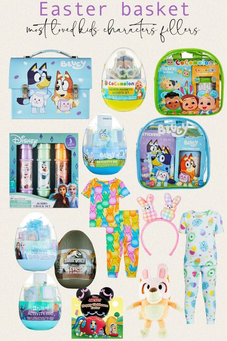 Easter Basket Fillers
Character / Disney Character Gifts

Bluey Workman's Style Tin Carry All, 1 Count, 5 inches High, with Handle /  Cocomelon Backpack Easter Gift Set / Bluey Backpack Easter Gift Set / Jurassic World Epic Dig N Discover Egg /Bluey Easter Bingo Plush / Cocomelon Wooden Magnetic Playset, Plastic Easter Egg / Disney Bluey Deluxe Activity Egg / Disney Frozen Sidewalk Chalk 3 Pack, Multicolor /Frozen Mini Diary Activity Easter Egg /Character Toddler Easter Pajama Set, Sizes 12M-5T / Disney Stitch Way To Celebrate Deluxe Activity Easter Egg / Peeps Easter Headband, Pink / Disney Mickey Mouse Clubhouse: Hoppy Clubhouse Easter

#easter #disney #peeps #bluey #stitch #bobo #gabrielapolacek #walmart #mickey #frozen #bingo #cocomelon #jurassic #basket #egg #easteregg

#LTKsalealert #LTKSeasonal #LTKkids