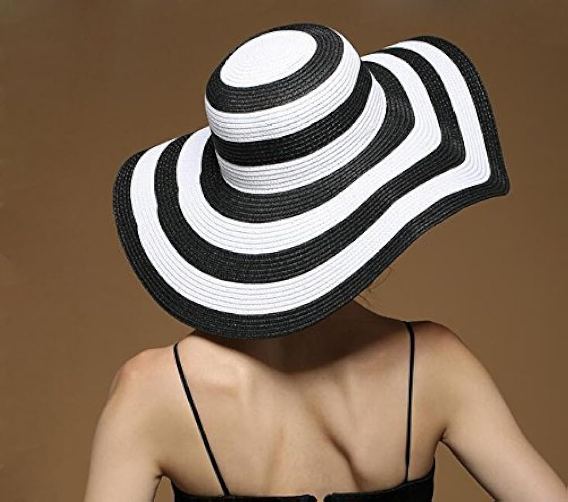 1PCS Women's Lady Grils White+Black Striped Foldable Beachwear Wide Big Brim Elegant Sun Hat Summer  | Amazon (US)