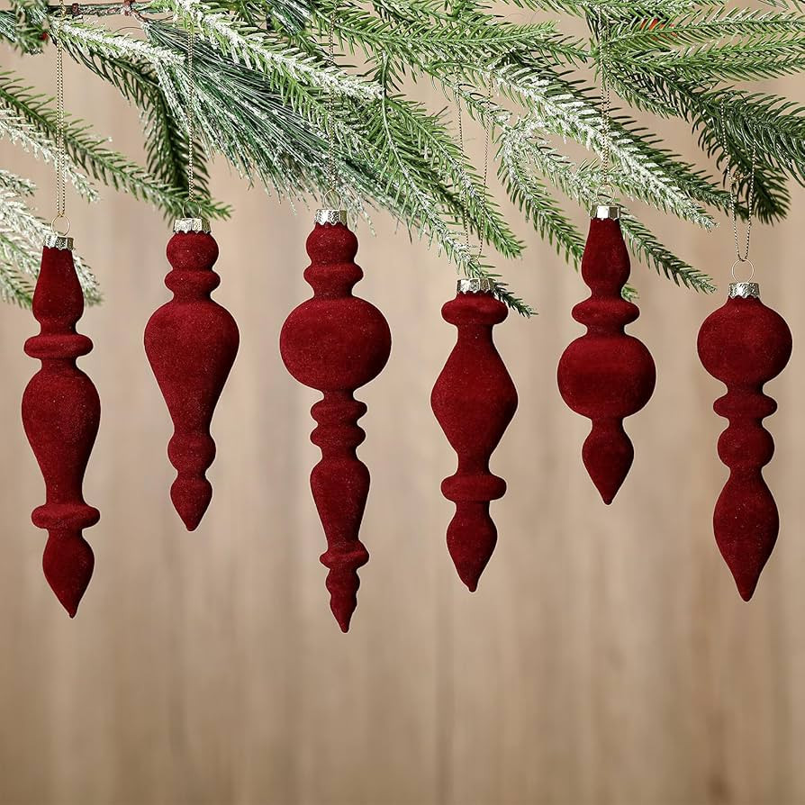 6 Pcs 7.1 Inch Burgundy Velvet Finial Christmas Tree Ornament Assorted Vintage Hanging Glass Fini... | Amazon (US)
