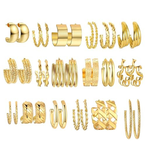 18 Pairs Gold Earrings for Women, Gold Hoop Earrings, Hypoallergenic Earring Pack, Chunky Gold Earrings Set, Fashion Small Big Hoops Earrings | Amazon (US)