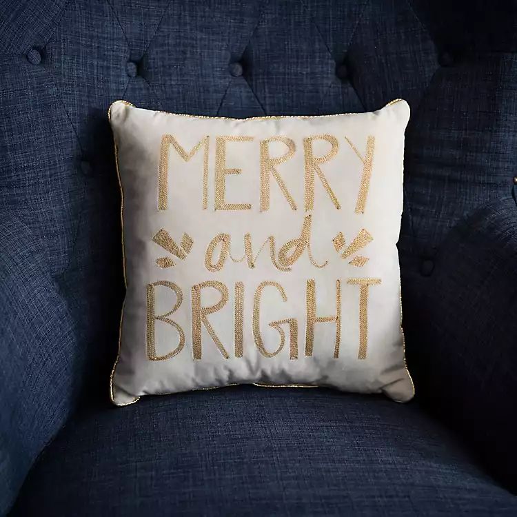 New!Cream and Gold Embroidered Merry and Bright Pillow | Kirkland's Home
