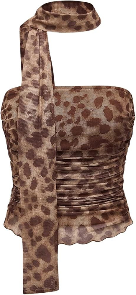 Milumia Women's Leopard Print Tube Top Cheetah Mesh Halter Top with Scarf Party Club | Amazon (US)