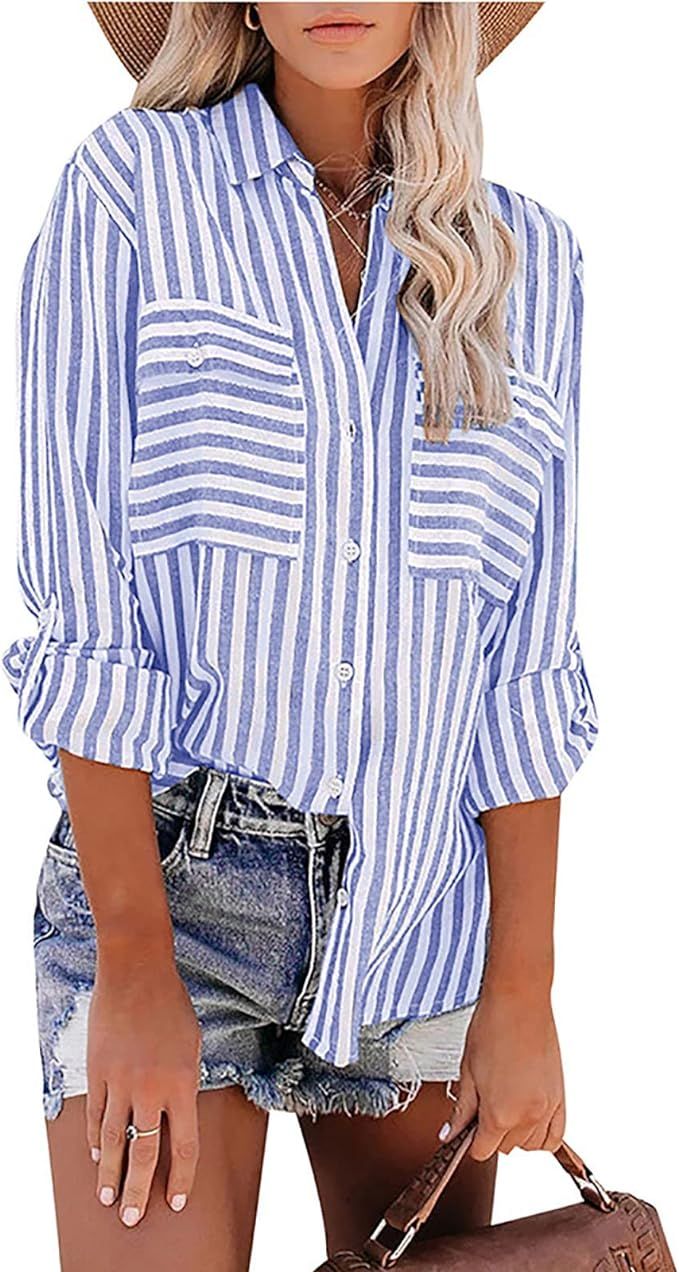 Womens Summer Fall Button Down Shirts 2023 Casual Trendy Long Sleeve Collared Striped Loose Cute ... | Amazon (US)
