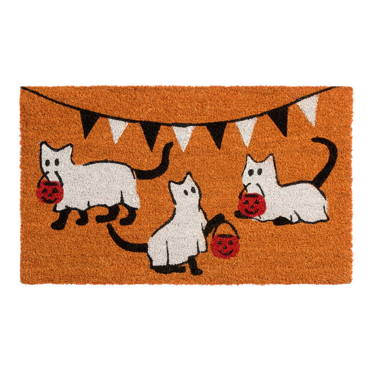 Orange Trick or Treater Ghost Cats Tufted Coir Doormat | World Market