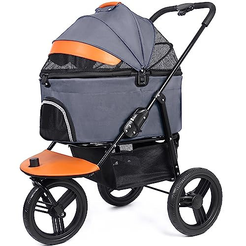 Dog Stroller for Medium Small Dogs, 3in1 Pet Stroller Zipperless Dog Cat Jogger Stroller 3 Wheels with Detachable Dog Carriage, Storage Basket and One-Button Folding Frame for Pets Walk-Gray | Amazon (US)