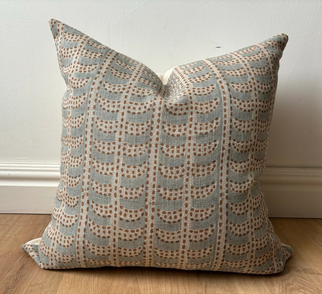 Hand Block Printed Pillow Cover | Designer-inspired Floral Linen | Soft Blue | Cognac | Neutral E... | Etsy (Global)