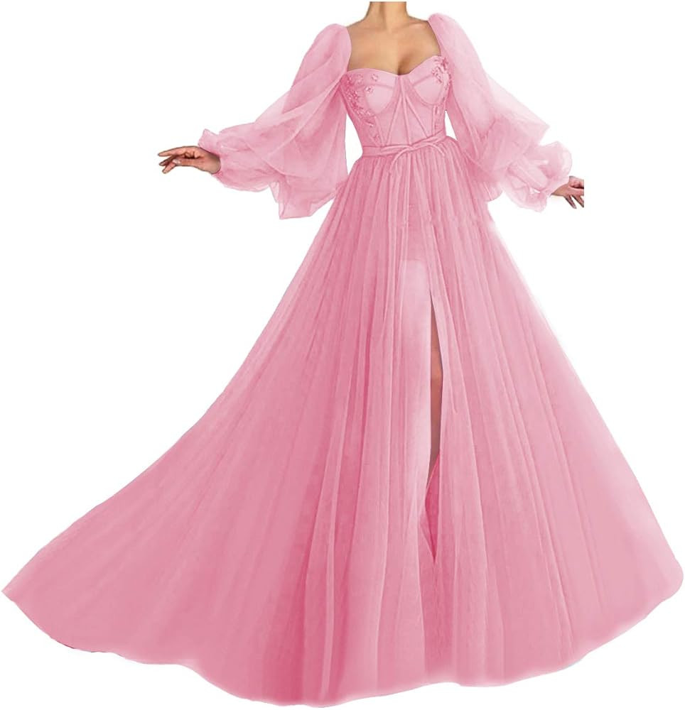 Puffy Sleeve Prom Dress Sweetheart Tulle Ball Gown A Line Princess Wedding Formal Evening Gowns with | Amazon (US)