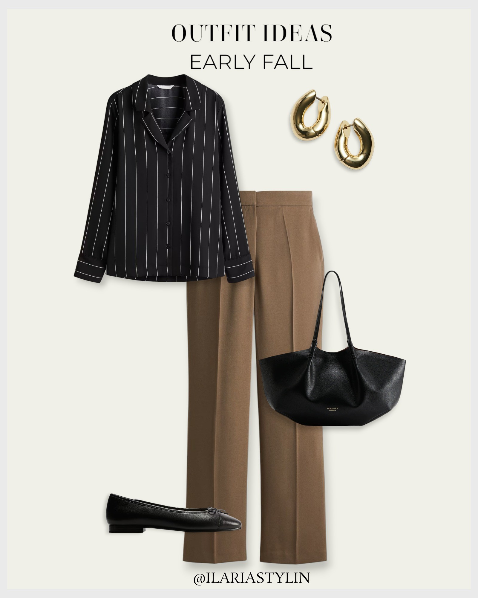 OUTFIT IDEAS: EARLY AUTUMN 🍂                                                                                                                                                       autumn outfit, fall outfit, black shirt, striped shirt, twill shirt, brown pants, straight pants, creased pants, black flats, ballet flats, black bag, shopper bag, casual chic, casual outfit, chic outfit, office outfit

#LTKSeasonal #LTKStyleTip #LTKWorkwear
