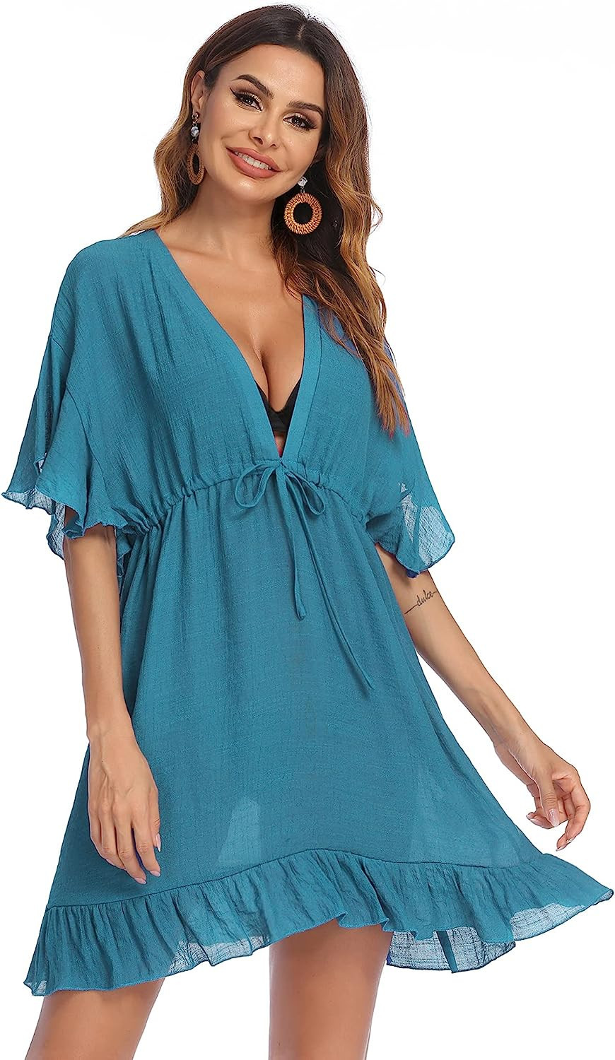 AI'MAGE Swimsuit Cover Ups Women's Bathing Suit V Neck Ruffle Sleeve Sexy Coverups Dress S-XXL | Amazon (US)