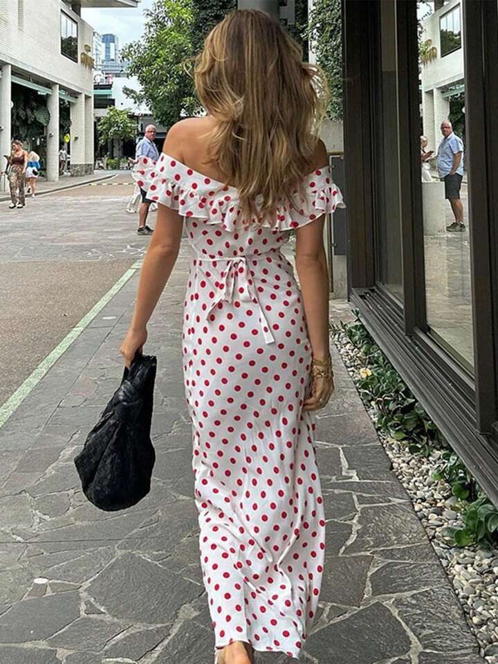 White Off Shoulder Ruffle Trim Polka Dot Print Sweet Vacation Style Women Dress | SHEIN