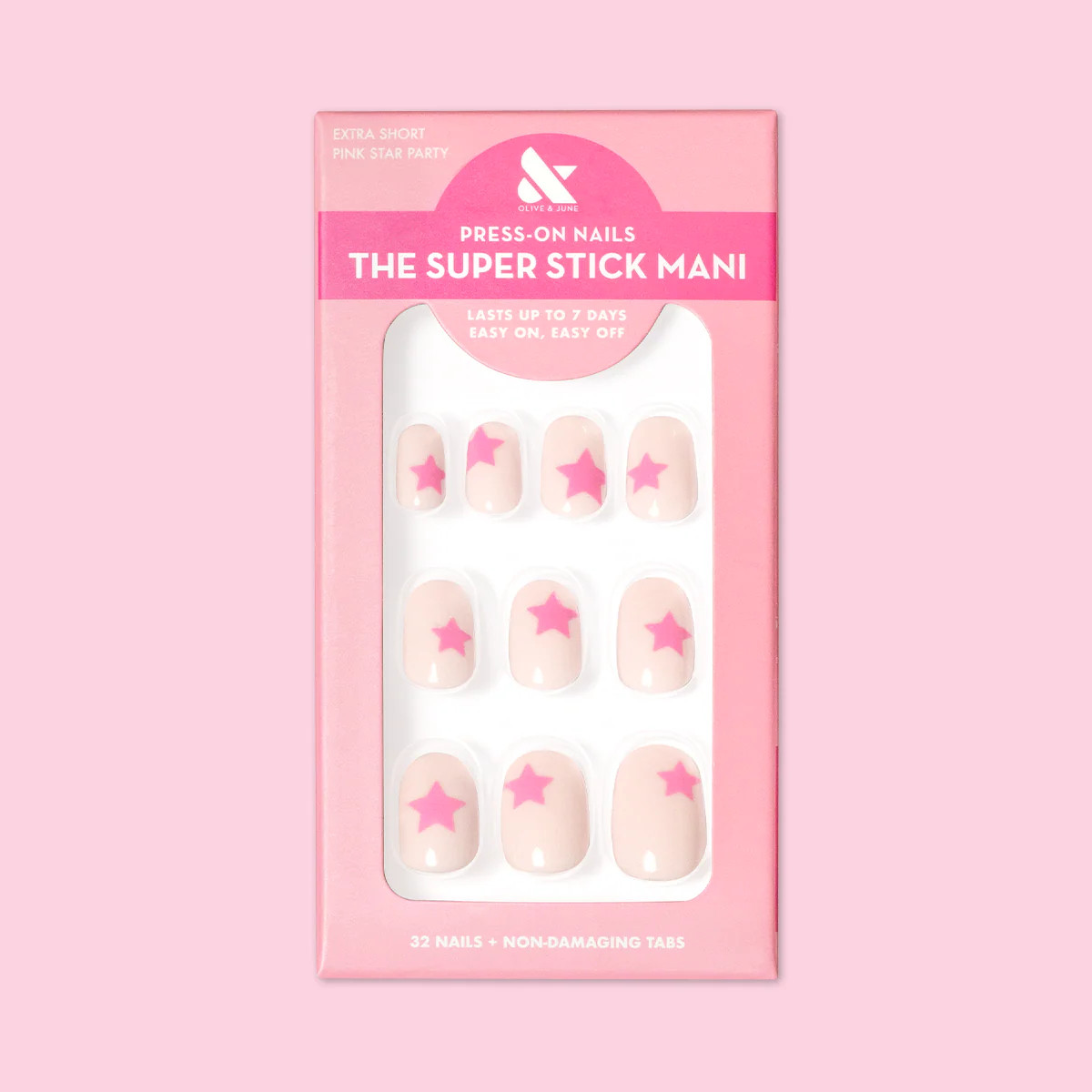 Pink Star Party | Extra Short | Round - Tab Press-On | Olive & June
