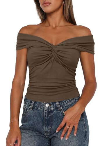 Darong Cap Sleeve Crop Tank Tops for Women Summer Off The Shoulder Neck Tank Top 2024 Casual Outfit 9058 Khaki S | Amazon (US)