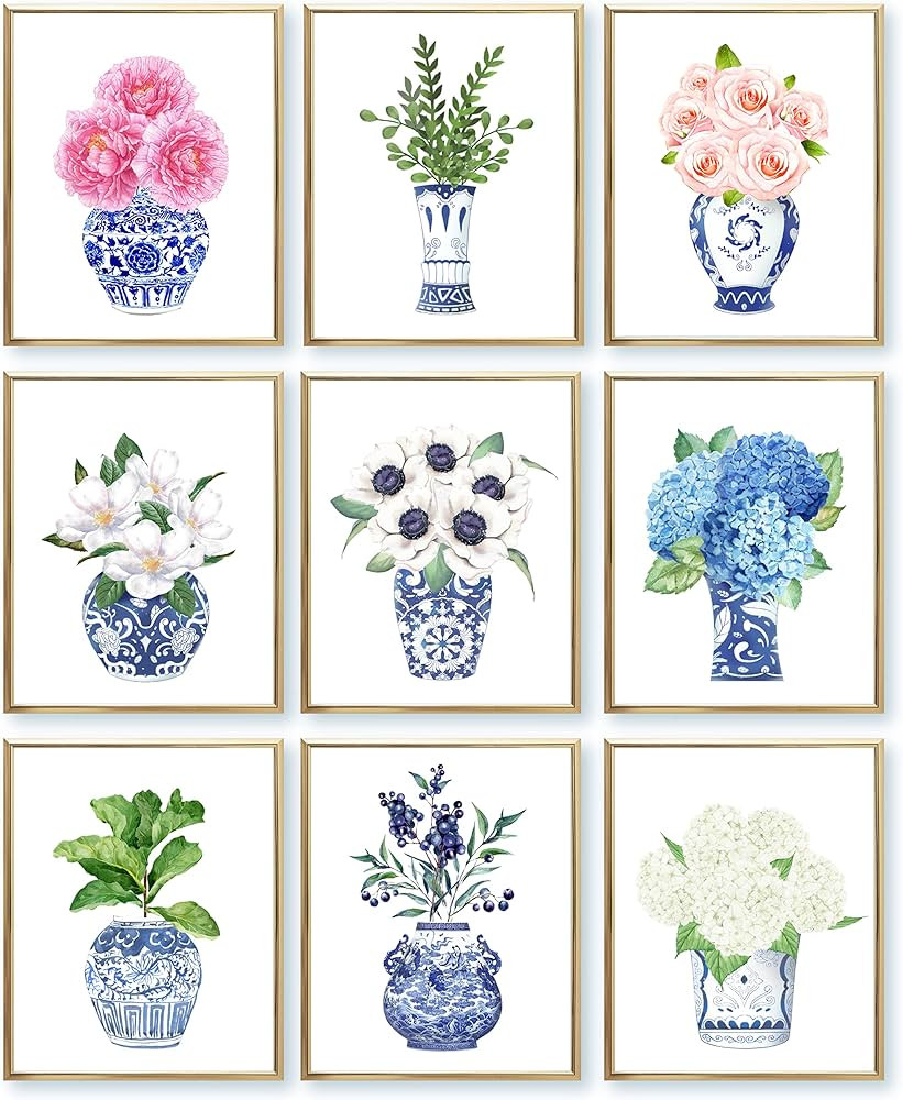 97 Decor Chinoiserie Decor - Chinoiserie Wall Art Prints, Blue White Porcelain Vase, Chinese Blue... | Amazon (US)