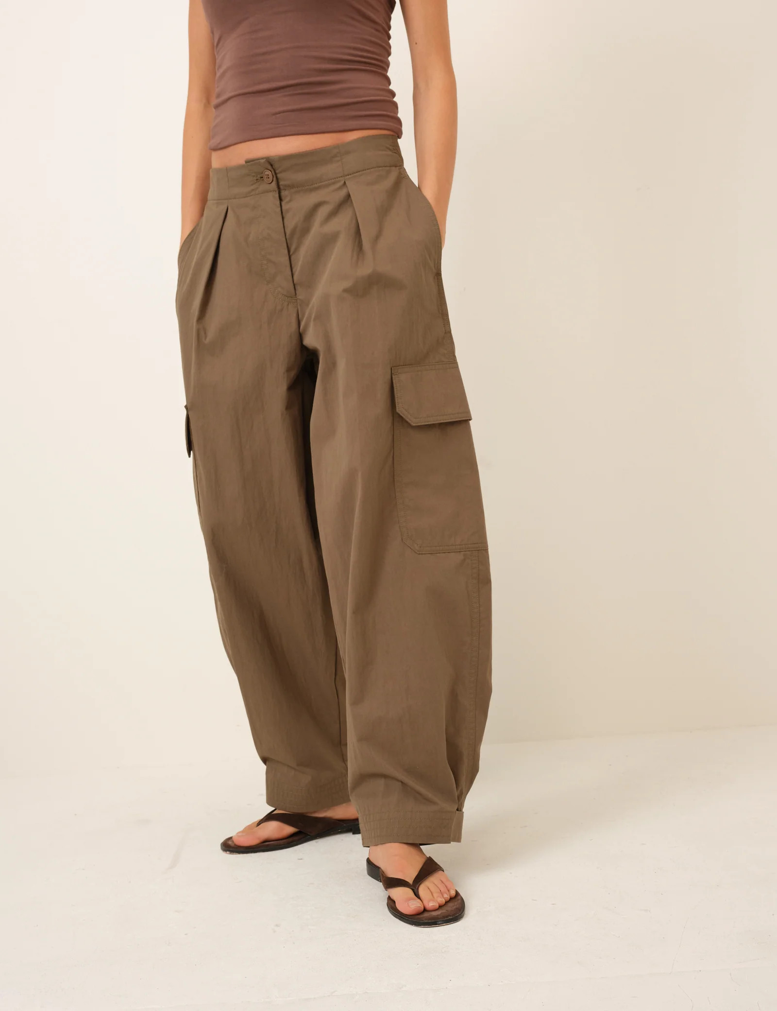 Khaki Barrel Leg Cargo Trousers | Nobody's Child