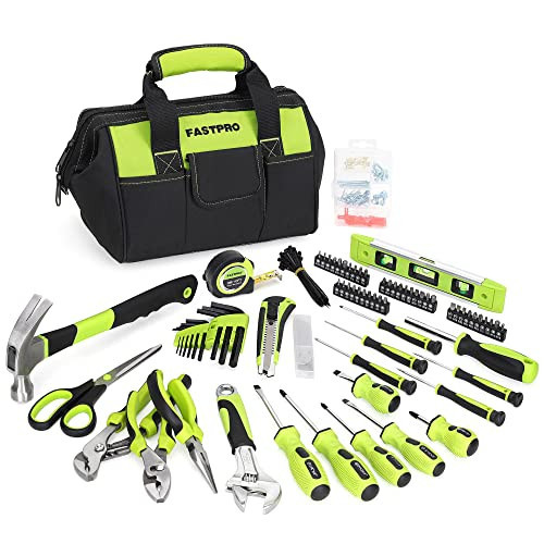 FASTPRO 220-Piece Home Tool Set, Household Repairing Tool Kit, with 12-Inch Wide Mouth Open Storage Tool Bag, Green | Amazon (US)
