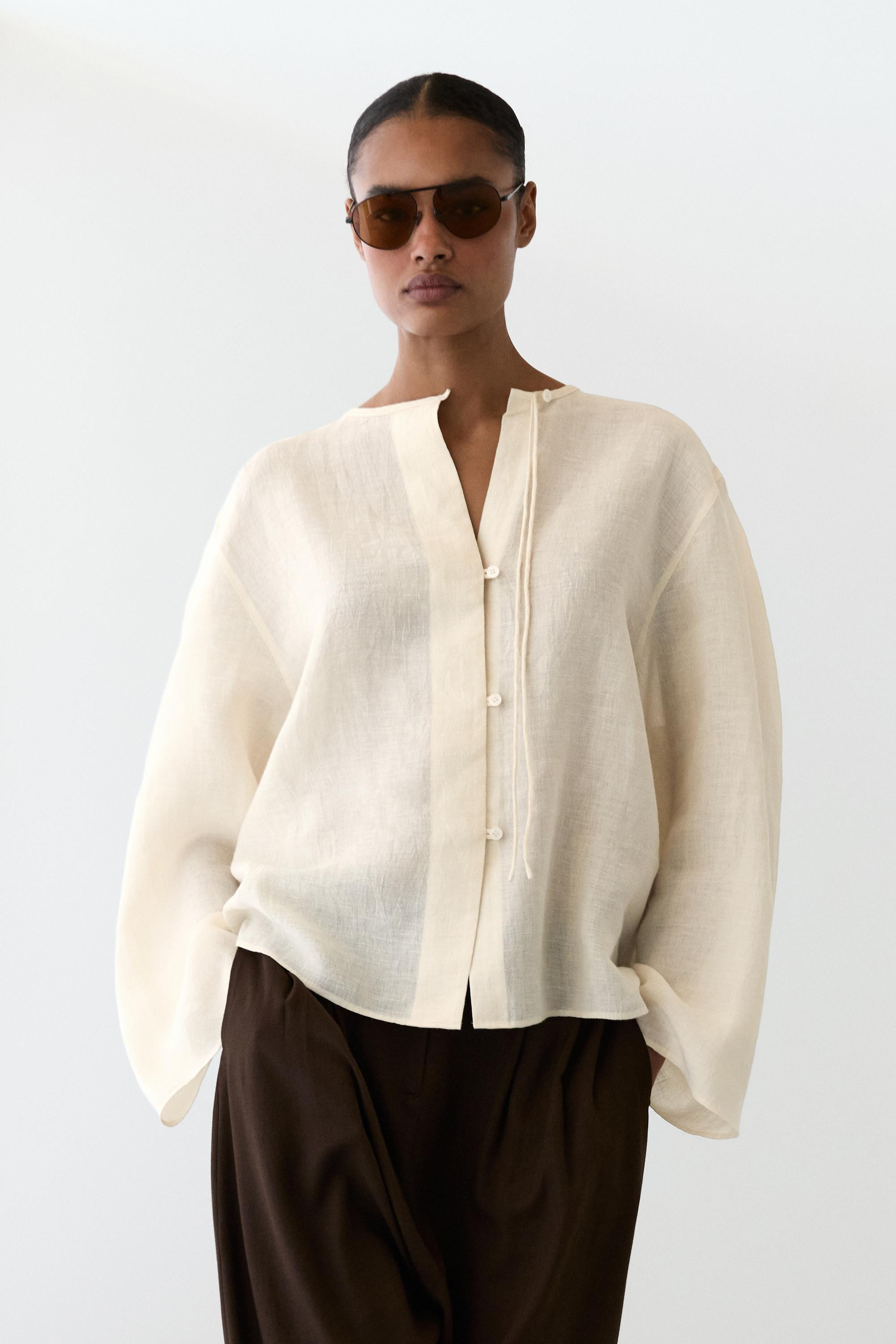 100% linen shirt with neckline detail | Massimo Dutti UK