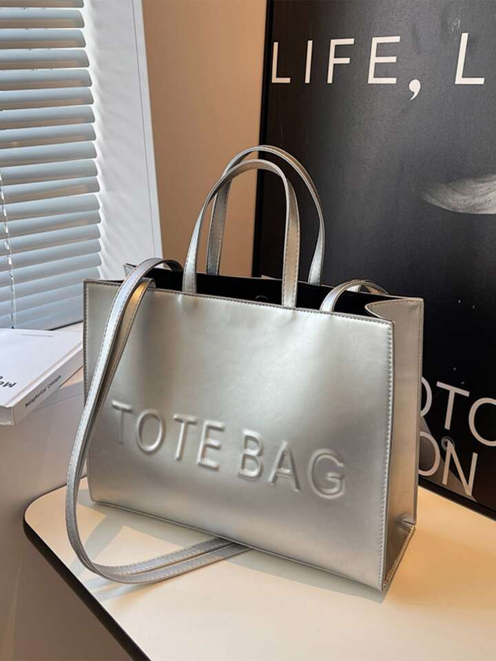 Large Capacity Metallic Glossy Tote Bag With Letter Print And Adjustable Shoulder Strap | SHEIN