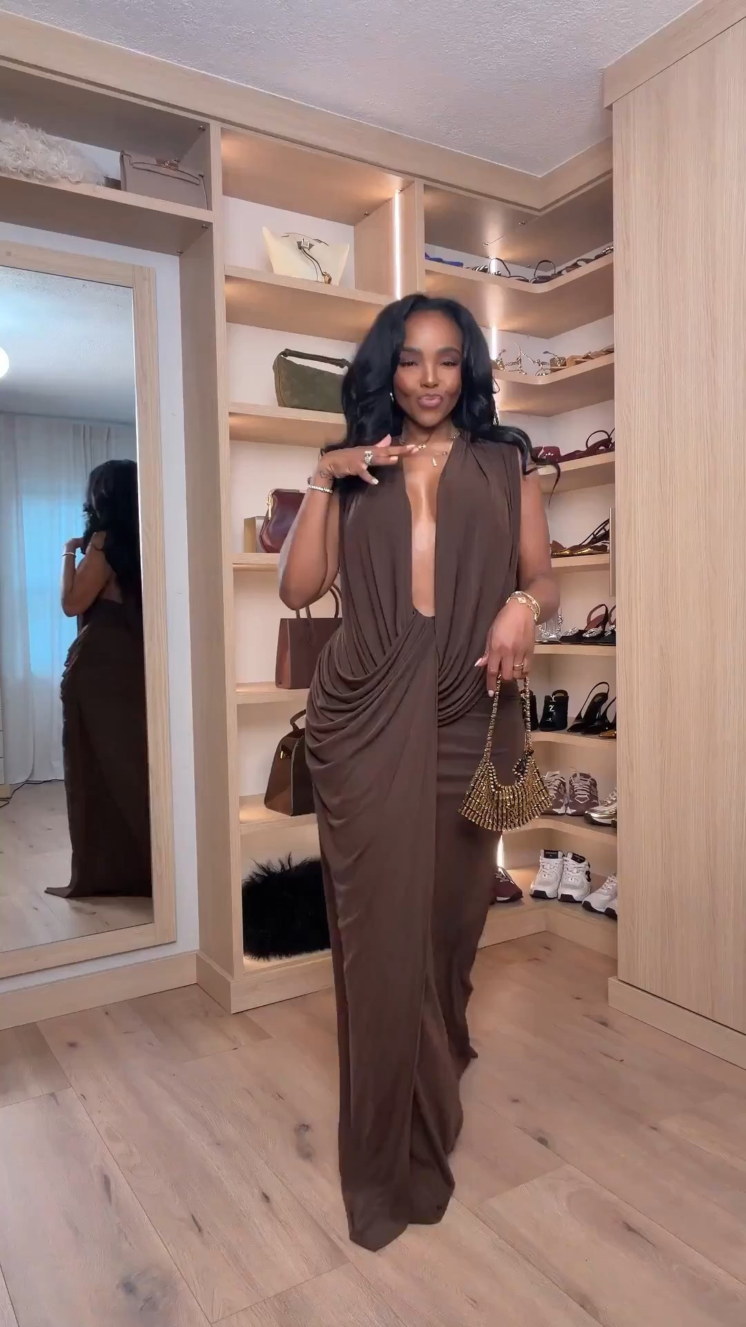 This dress is one of those pieces that does all the work for you — draped, flattering, and effortlessly elevated. It’s the kind of silhouette that feels luxe the moment you put it on, making it a smart long-term shopping strategy where the cost per wear drops every time you reach for it.

Perfect for weddings, formal events, date nights, special occasions, and elegant evenings out.

📏 Sizing  
Dress: Size Small  
Heels: True to size  

📐 Measurements  
Height: 5'4"  
Weight: 138 lbs  
Bust: 34D  
Waist: 27"  
Hips: 40"

This dress can be styled multiple ways — worn solo for a dramatic moment or layered with a coat or statement accessories — making it a versatile, investment-worthy piece you’ll keep coming back to.

Favorite to revisit later and tap to get details.

Follow me on Instagram and YouTube @kirasfashionfinds 

#LTKootd #LTKPetite #LTKValentine