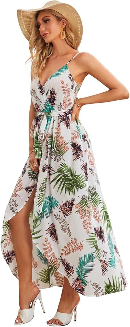 Floerns Women Sexy Sleeveless V-Neck Split Summer Beach Floral Print Maxi Dress | Amazon (US)