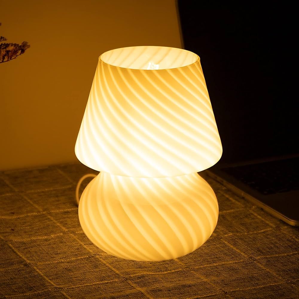 COOSA Mushroom Lamp, Glass LED Table Bedside Lamps, Vintage Style Translucent Striped Small Night... | Amazon (US)