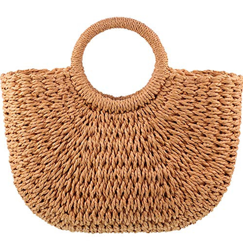 Frienda Straw Tote Bag Summer Beach Bag Handmade Straw Rattan Woven Handbag for Women Travel (12.6 x 2.36 x 8.66 Inch,Khaki) | Amazon (US)