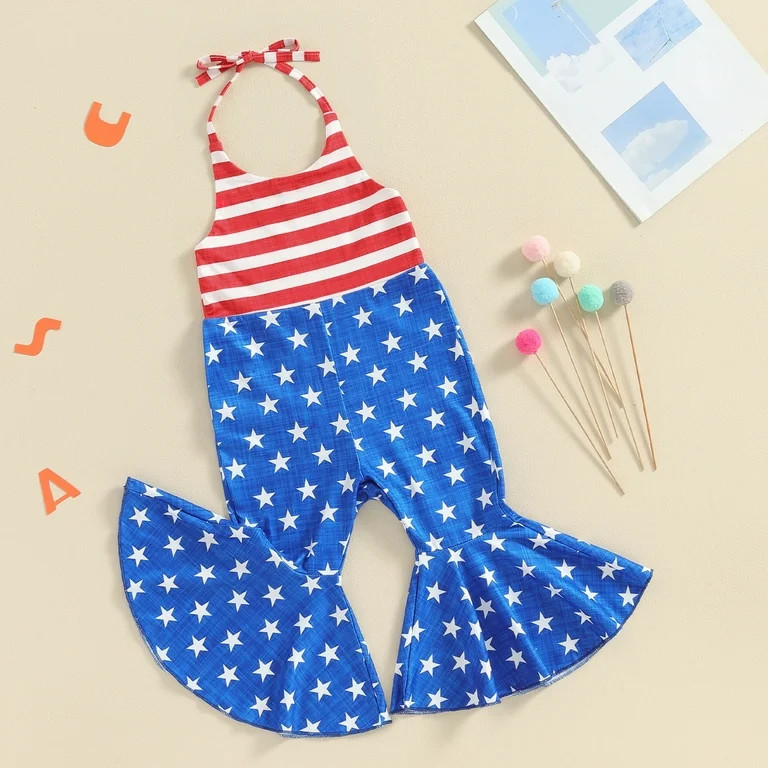 Okbabeha Toddler Girl 4th of July Outfit American Flag Jumpsuit Halter Bell Bottom Romper Jumpsui... | Walmart (US)