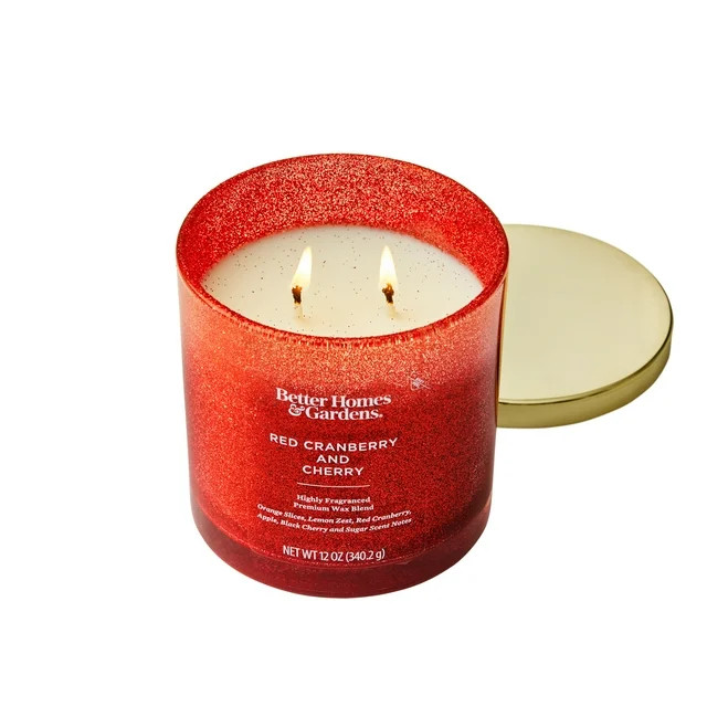 Better Homes & Gardens Red Cranberry and Cherry Scented 2 Wick Glitter 12oz Jar Candle - Walmart.... | Walmart (US)