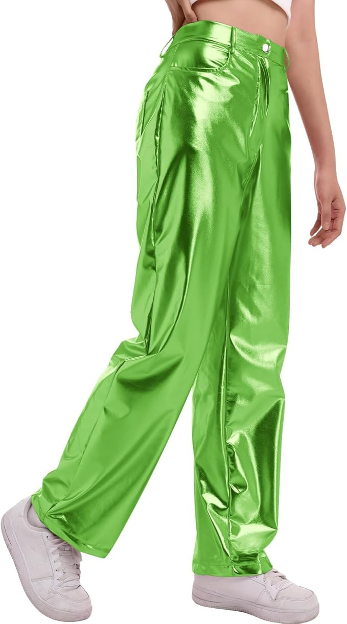 ODIZLI Pettie Women's Shiny Metallic Holographic High Waist Straight Leg Faux Leather Pants with ... | Amazon (US)