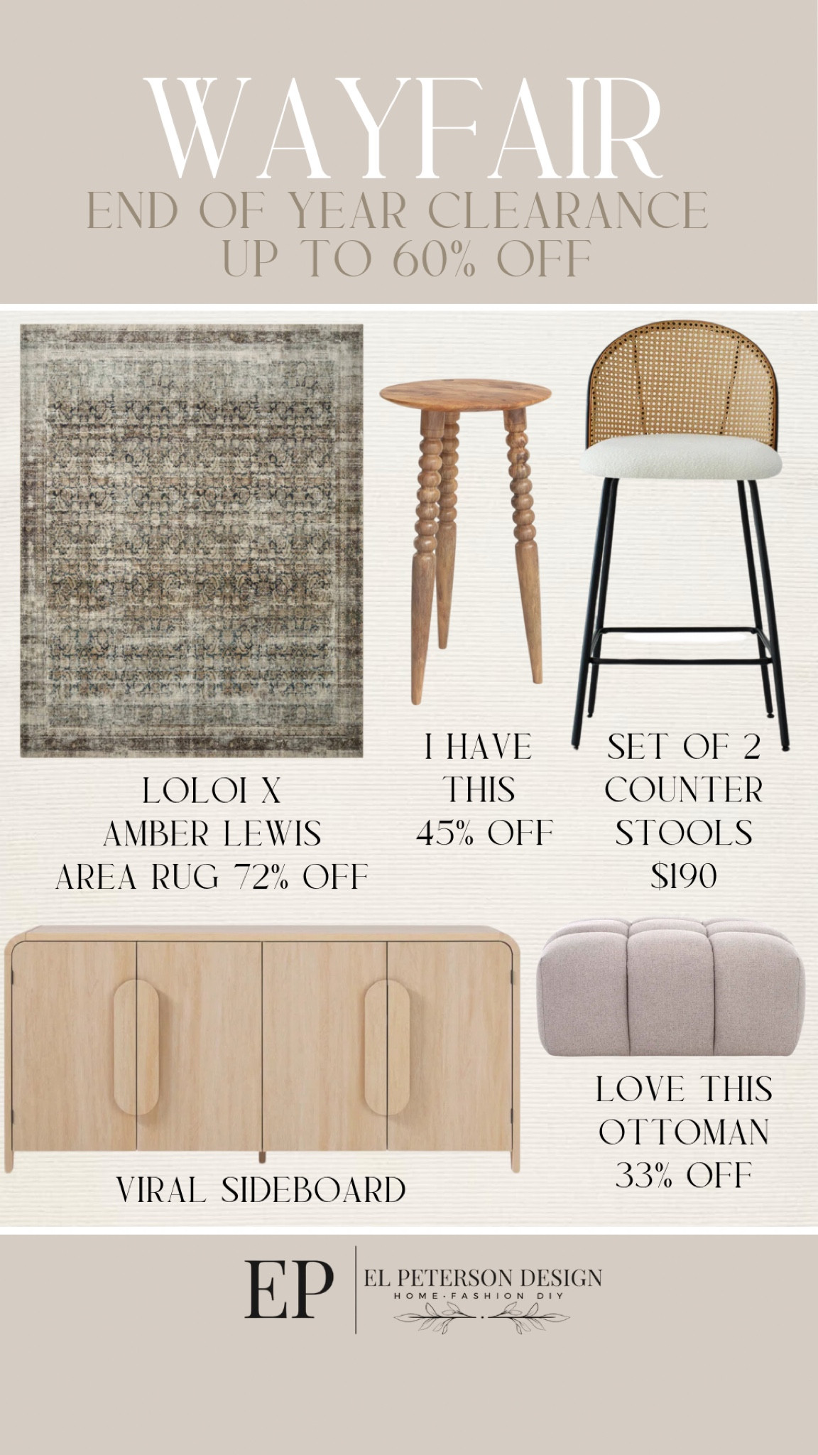 Wayfair 
End of year clearance
Area rug
Counter stools
Accent cabinet
Ottoman
Accent Table 

#LTKSaleAlert #LTKHome
