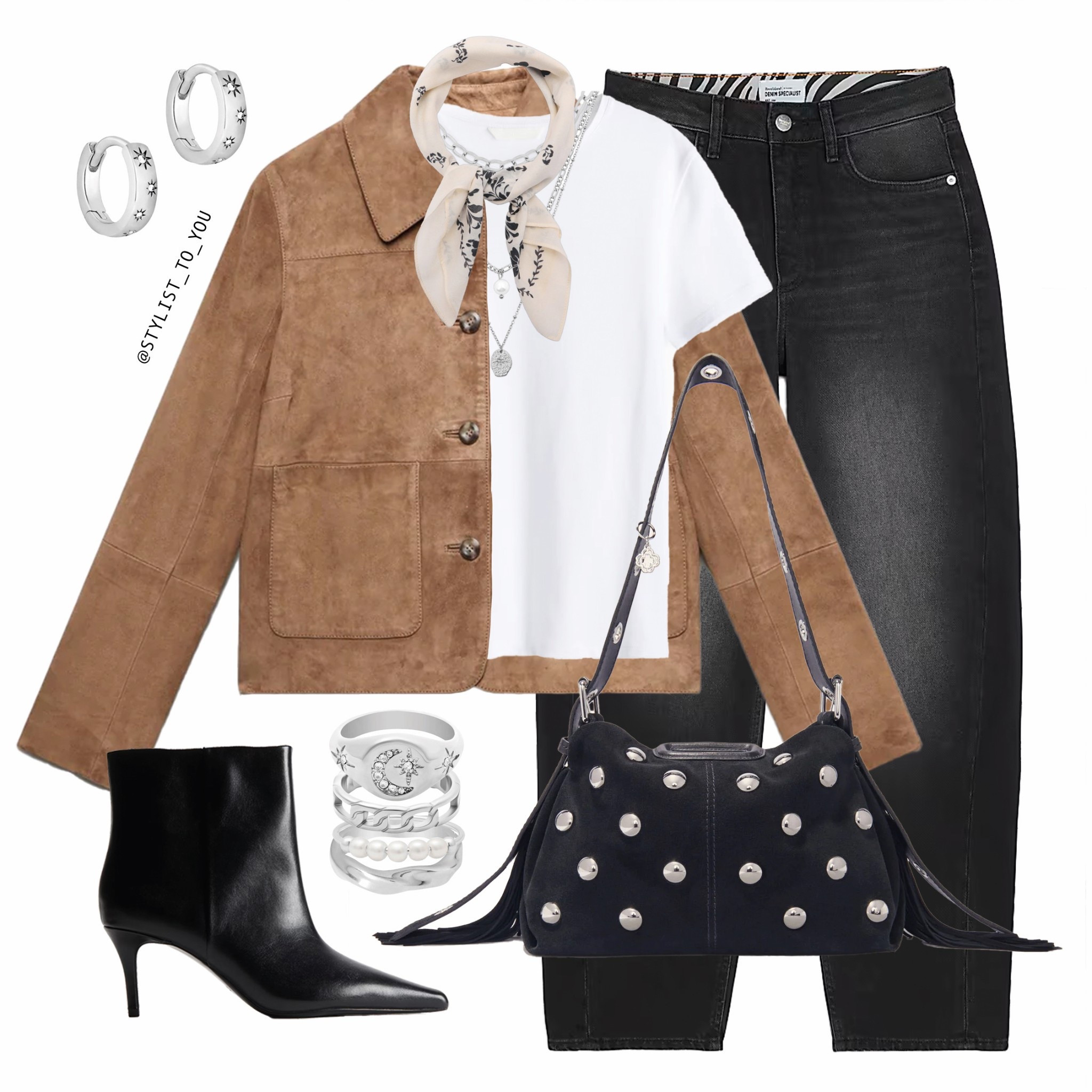 Little accessory, big impact. The neck scarf is a game changer

A chic and sophisticated outfit featuring a tan suede jacket over a classic white t-shirt, paired with black barrel leg jeans. Accessories include a black studded suede handbag, silver multi row chain necklace,  silver layered rings, cosmic earrings, silver jewellery, a paisley-print neck scarf, and sleek black ankle boots. chic outfit, suede jacket, black jeans, edgy fashion, casual chic, spring fashion, neutral tones, minimalist outfit, capsule wardrobe, monochrome style, trendy accessories, silver accessories, black ankle boots, Parisian vibes, street style, sophisticated look, western-inspired, boho vibes, modern elegance, urban fashion, layered outfit, classic white tee, fashion essentials, day-to-night look, high-fashion streetwear, neutral aesthetic, studded bag, effortless chic, cool girl style, sleek and stylish, black and tan combo, transitional fashion, versatile dressing, elevated basics, statement accessories, fashion-forward, everyday luxury, iconic styling, timeless elegance, simple yet stylish, sophisticated layering. jewellery, printed neck scarf, silk scarf, look.

Keywords: chic outfit, suede jacket, black jeans, edgy fashion, casual chic, fall fashion, neutral tones, minimalist outfit, capsule wardrobe, monochrome style, trendy accessories, silver jewelry, black ankle boots, Parisian vibes, street style, sophisticated look, western-inspired, modern elegance, urban fashion, layered outfit, classic white tee, fashion essentials, day-to-night look, high-fashion streetwear, neutral aesthetic, studded bag, effortless chic, cool girl style, sleek and stylish, black and tan combo, transitional fashion, versatile dressing, elevated basics, statement accessories, fashion-forward, everyday luxury, iconic styling, timeless elegance, simple yet stylish, sophisticated layering.#LTKFashionMonth

#LTKeurope #LTKuk #LTKbag