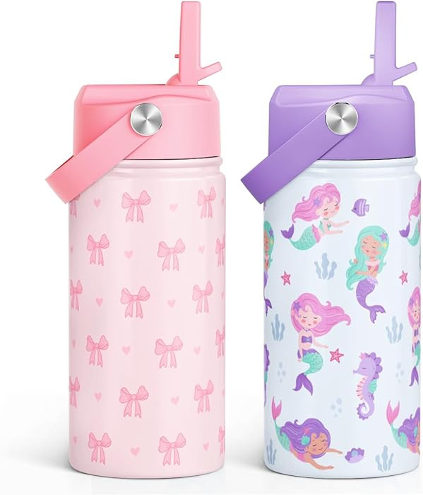 SANDJEST Kids Water Bottle with Straw Lid, Pack of 2 Insulated 12 Oz Stainless Steel Water Bottle... | Amazon (US)