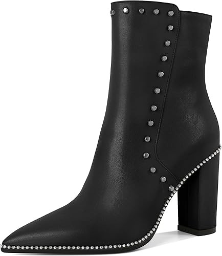 YODEKS Womens Ankle Booties 3.7 Inch Heel Chunky Boots Rivet Beaded Studded Pointed Toe Side Zipp... | Amazon (US)