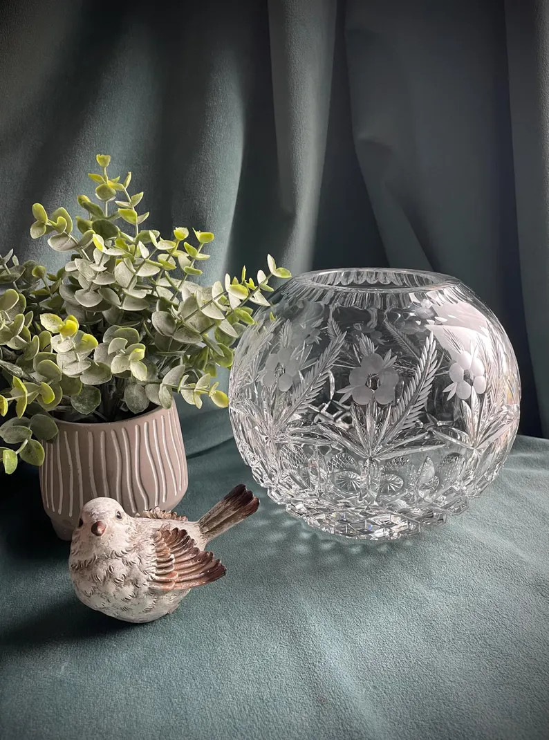 Vintage Czech Bohemian Large Hand Cut and Blown Floral Crystal Rose Bowl - Etsy | Etsy (US)